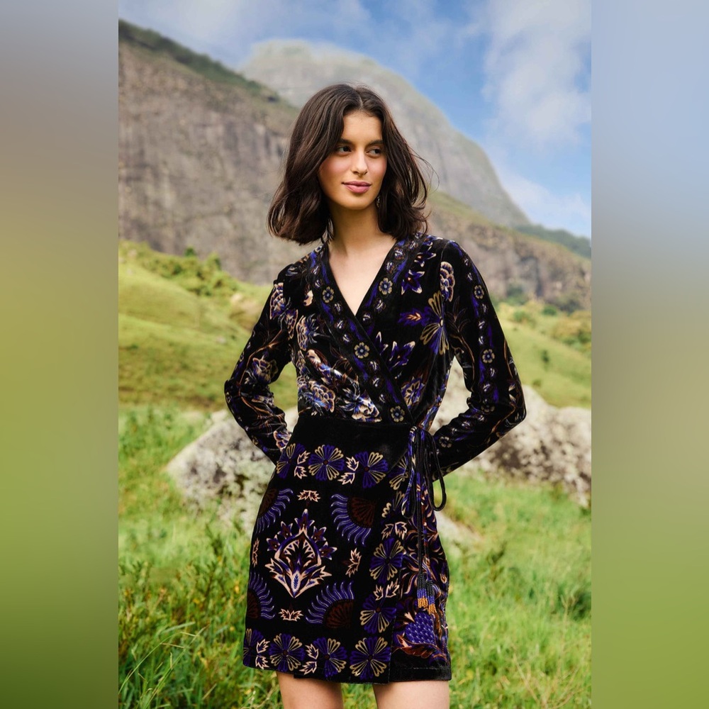 FARM RIO Black Arabesque Mix Scarves Wrap Mini Dress, Size Xsmall, $298